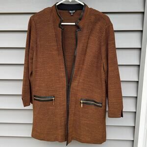 Misook size L rust, camel, burnt orange faux leather trim cardigan shoulder pads